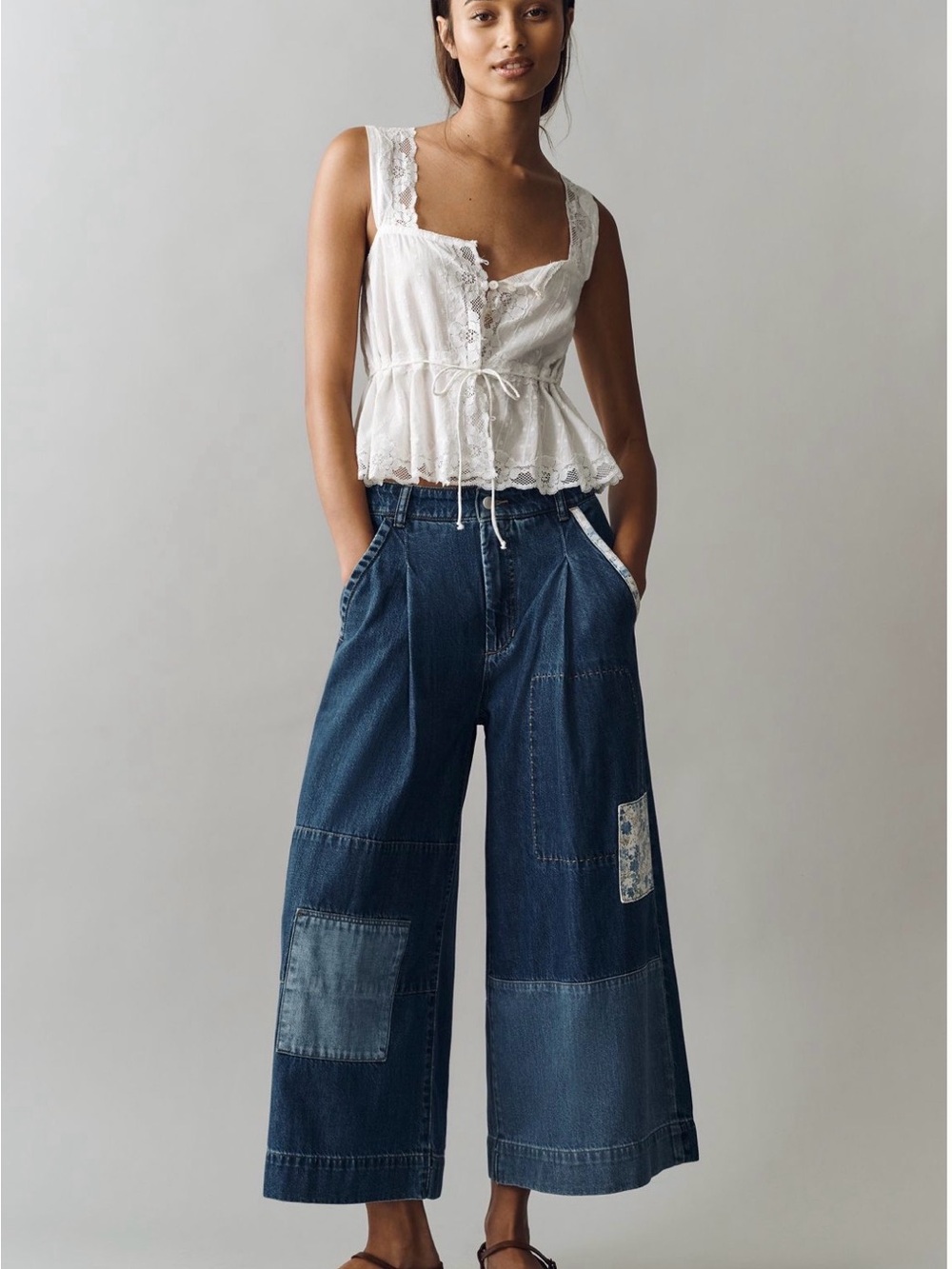 Anthropologie Pilcro Positano Patchwork Blue Wide-Leg Cropped Jeans